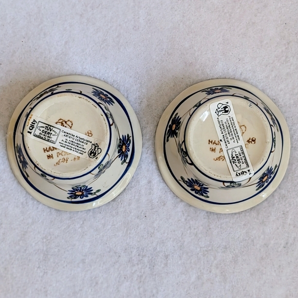 Polish Pottery Tealight Candle Holders with Blue, Yellow, & Brown Floral Design - Picture 6 of 8